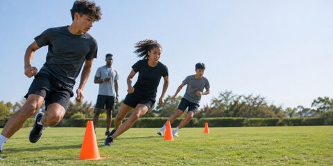 Young athletes run in a physical education training session on a grassy field, with orange cones set up to mark the course and a coach observing
