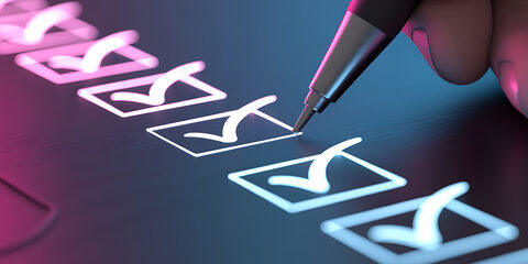 Stock showing hand holding a pen marking a checkmark in a glowing pink and blue square on a dark surface. resolution
