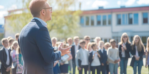 Head teacher and principal speaking to group of students outside school building on sunny day creating an engaging and interactive atmosphere.