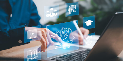 Education technology and AI Artificial Intelligence concept, Women use laptops, Learn lessons and online webinars successfully in modern digital learning,  Courses to develop new skills