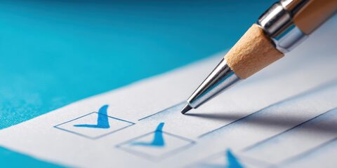 long shot and wide shot , shallow depth-of-field shot captures a mechanical pencil poised over a crisp white checklist, creating a sense of focus and precision. The pencil, with its metallic tip and light wood or plastic grip, is positioned in the upper left quadrant, its sharpened point just above a blue checkmark. Three blue checkmarks, each neatly inscribed on a separate line of the checklist, are visible, with the focal point sharply on the closest one and progressively blurring towards the background, creating a soft bokeh effect. The checklist itself is a series of white strips with faint ruled lines, suggesting a document of tasks or decisions. The background is a solid, vibrant, yet soft cyan blue, providing a clean and modern backdrop that makes the white paper and blue checkmarks pop. The lighting is bright and diffused, subtly highlighting the textures of the pencil and paper and casting soft, gentle brights, contributing to a clean, organized, and optimistic mood, as if a decision or task is about to be completed. --ar 16:9 --v 7 Job ID: 10985793-d3e1-434f-b466-a0669bf39a9a